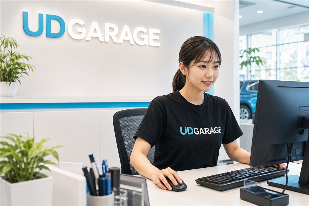 UDGARAGEのTシャツでPC・専用システムを操作する女性スタッフ