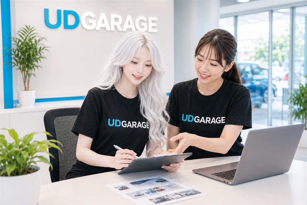 UDGARAGEのTシャツで先輩が新人をサポートする女性スタッフたち
